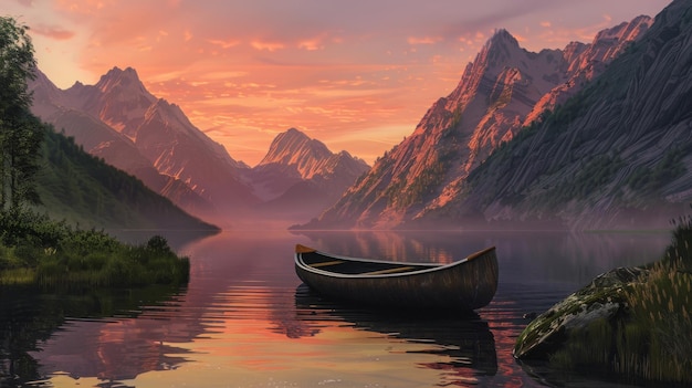 Boat on lake in mountainous ecoregion surrounded by sky and nature at sunset