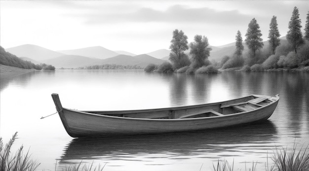 Generative AI による湖の鉛筆スケッチの壁紙の背景のボート
