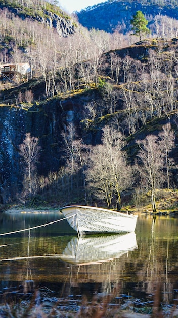 Boat on the lake Pure water Fishing boat stands on the shore