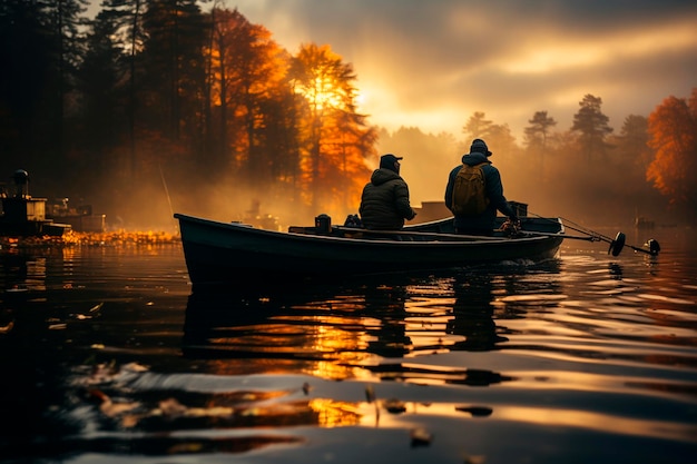 Boat on lake at sunrisegenerative ai