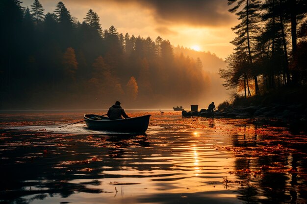 Boat on lake at sunrisegenerative ai