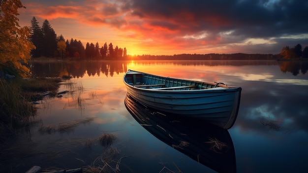 A boat on the lake at sunset Generative Ai