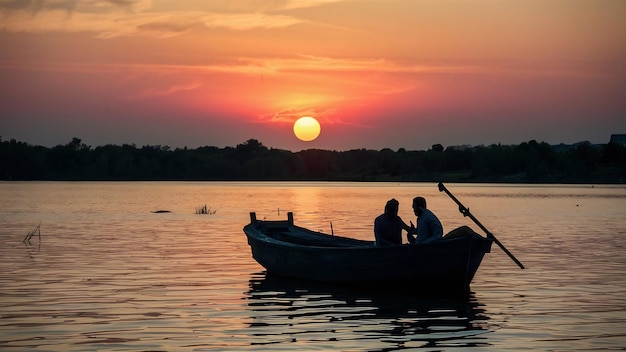 Boat in a lake on sunset