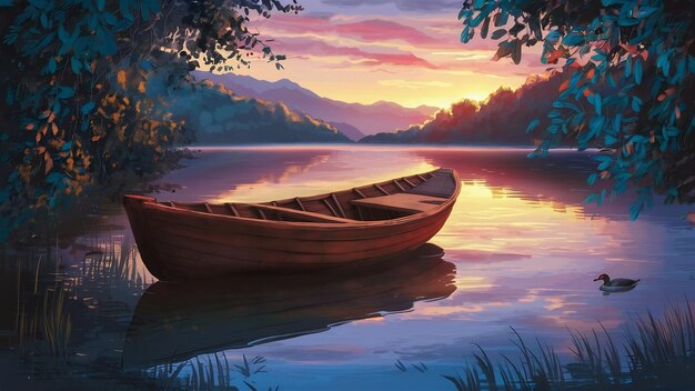 Boat in a lake on sunset