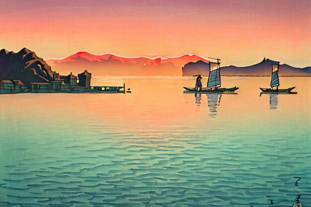 Boat on the lake watercolor oil painting wallpaper background landscape boating wallpaper