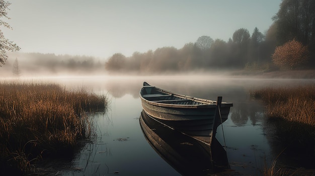 A boat on a lake with a foggy background