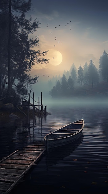 a boat on a lake with a full moon in the background.