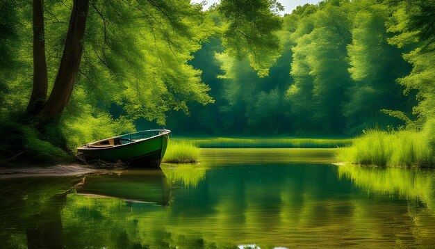 a boat on a lake with a green canoe in the water