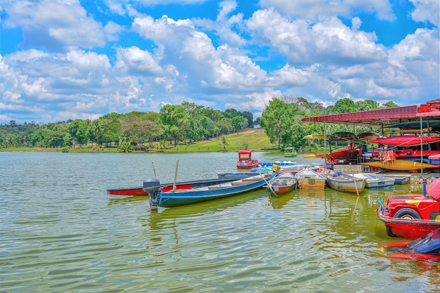 Boat on the lake with green nature background