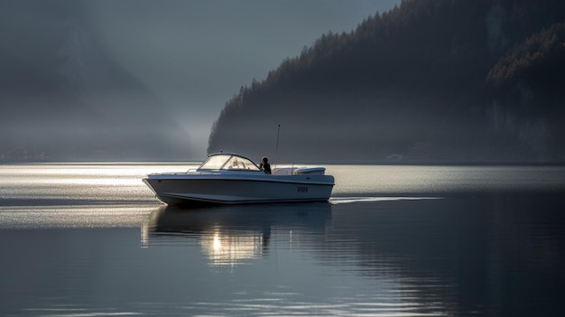 A boat on a lake with a mountain in the background