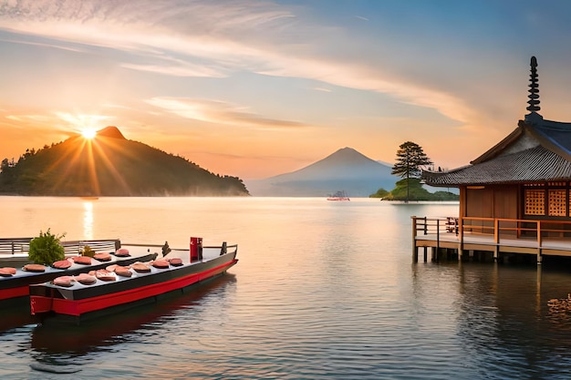 A boat on a lake with a mountain in the background