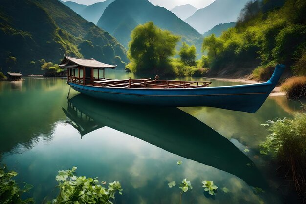 A boat on a lake with a mountain in the background.