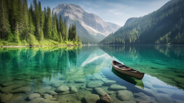 A boat in a lake with mountains in the background