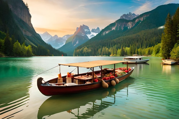 A boat on a lake with mountains in the background