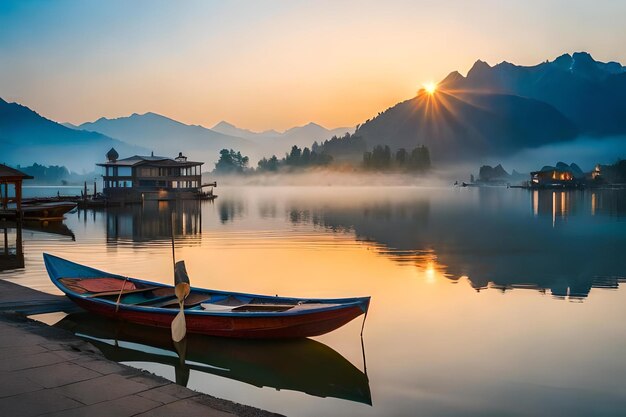 A boat on a lake with mountains in the background