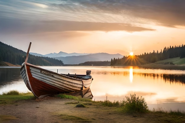 A boat on a lake with mountains in the background