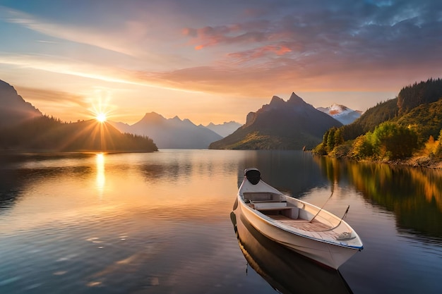 A boat on a lake with mountains in the background