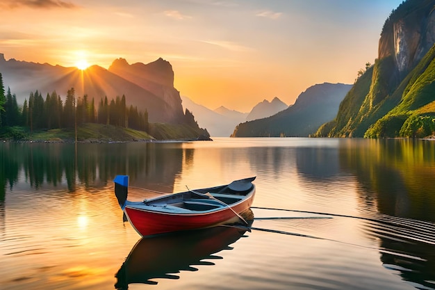 A boat on a lake with mountains in the background