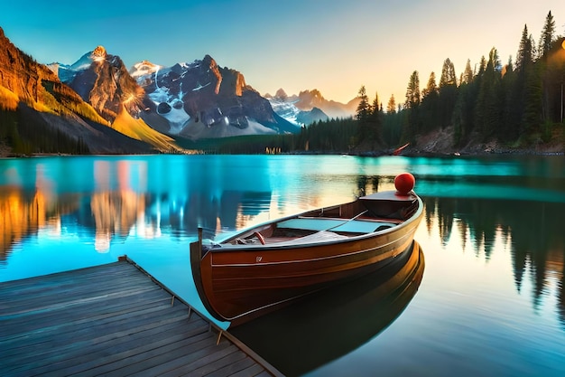 Лодка на озере с горами на заднем плане