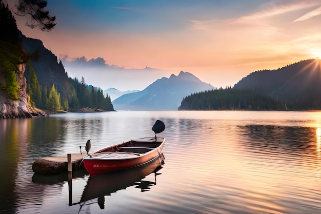 A boat on a lake with mountains in the background