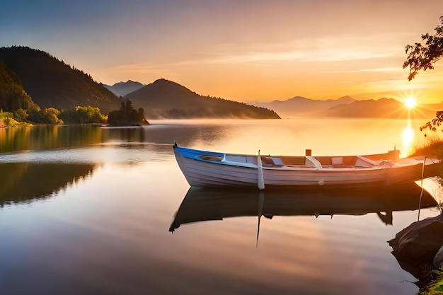 A boat on a lake with mountains in the background