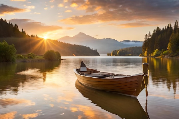 A boat on a lake with mountains in the background