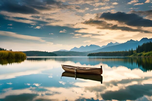 A boat on a lake with mountains in the background