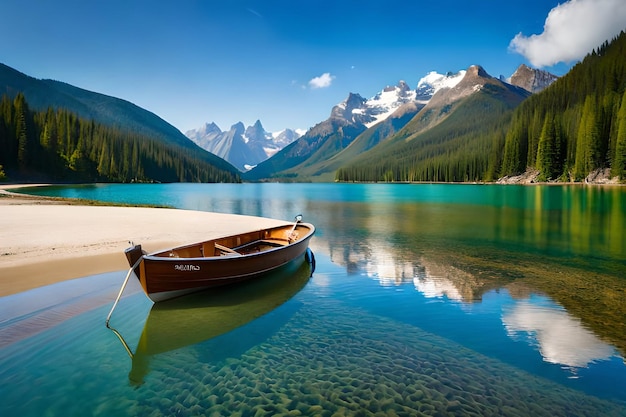 A boat on a lake with mountains in the background