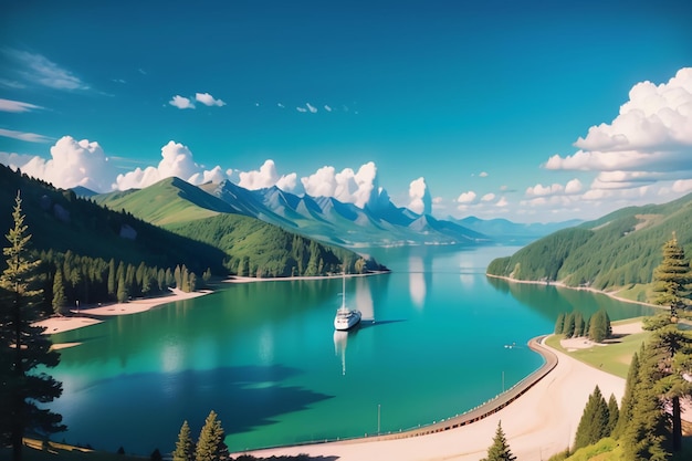 A boat in a lake with mountains in the background