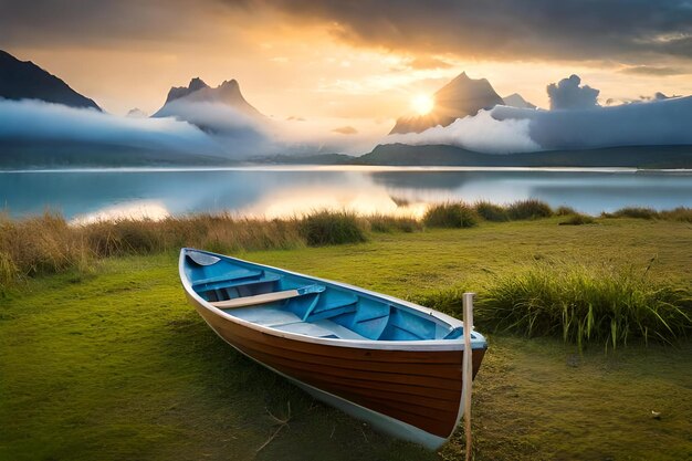 A boat on a lake with mountains in the background