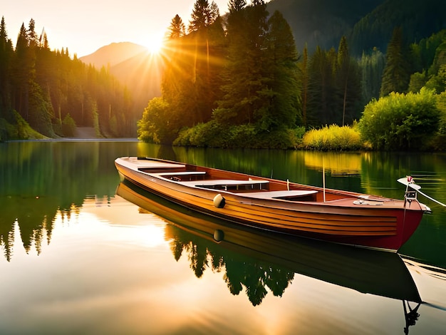 A boat on a lake with the sun setting behind it