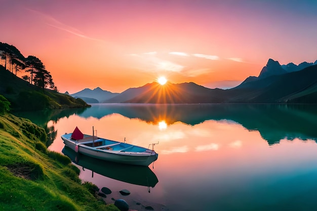 A boat on a lake with the sun setting behind it