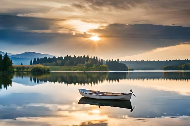 Photo a boat on a lake with the sun setting behind it