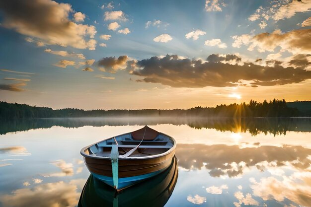 A boat on a lake with the sun setting behind it