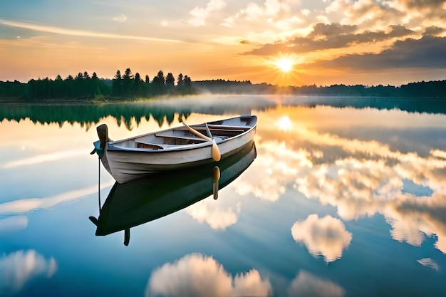 A boat on a lake with the sun setting behind it.