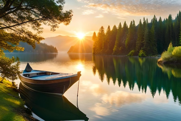 A boat on a lake with the sun setting behind it