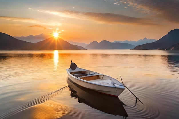 A boat on a lake with the sun setting behind it