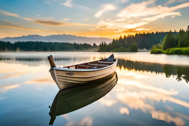 a boat on a lake with the sun setting behind it