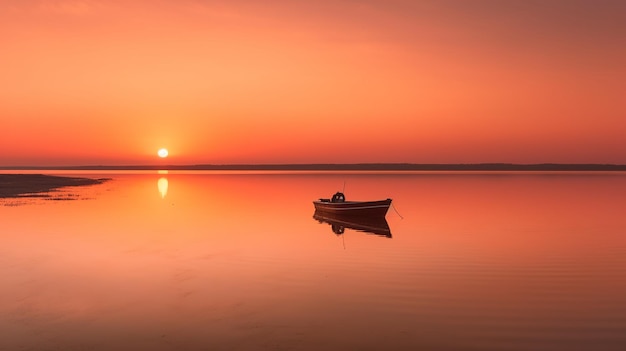 A boat on a lake with the sun setting behind it