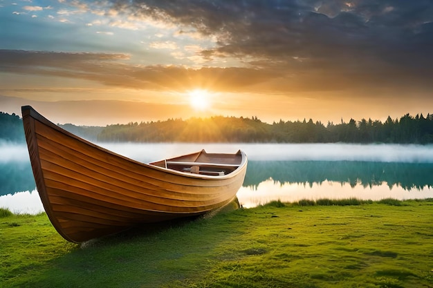 A boat on a lake with the sun setting behind it