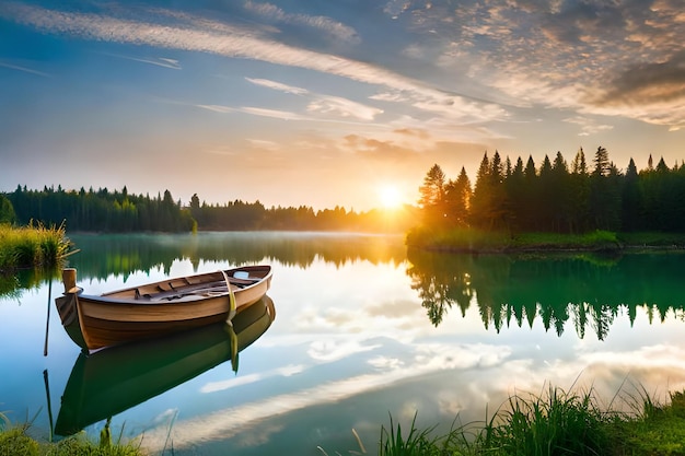 a boat on a lake with a sunset background