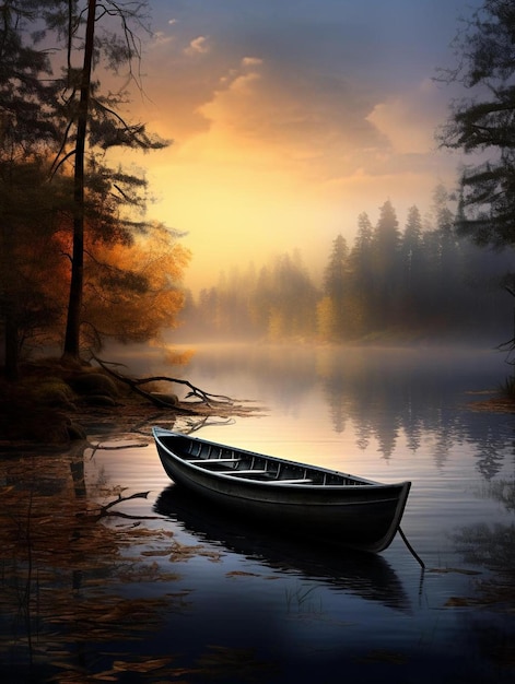 a boat on a lake with a sunset background