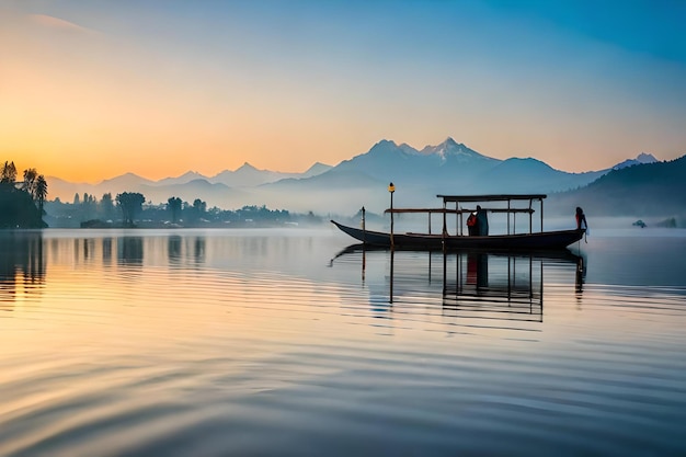 A boat on a lake with a sunset in the background