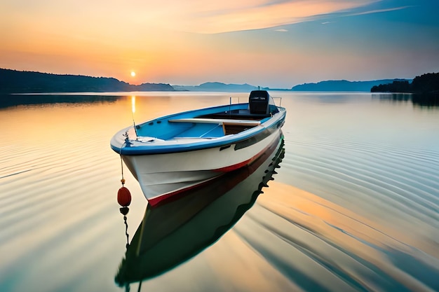 A boat on a lake with a sunset in the background