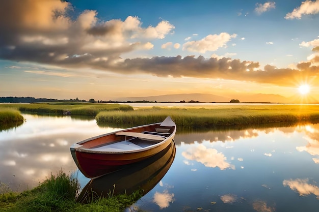 a boat on a lake with a sunset in the background