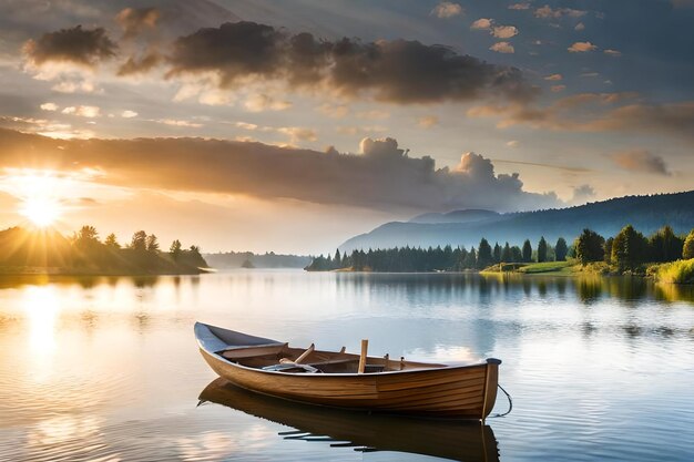A boat on a lake with a sunset in the background
