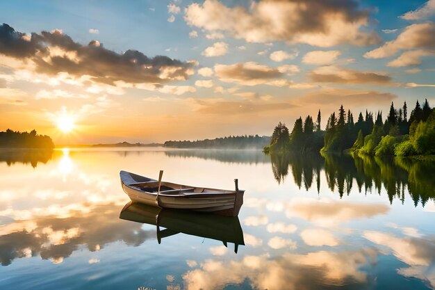 A boat on a lake with a sunset background