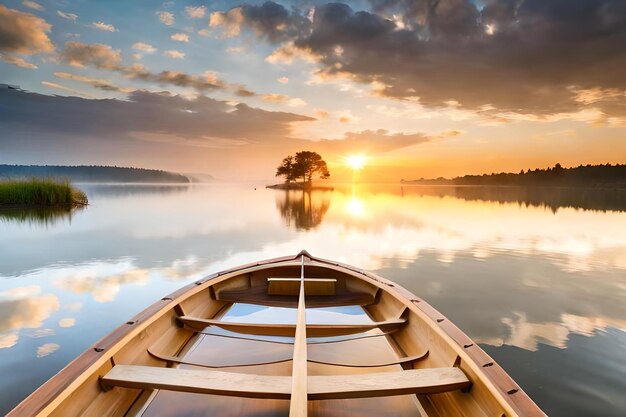 Foto una barca su un lago con uno sfondo al tramonto