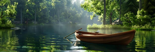 a boat on a lake with a tree in the background