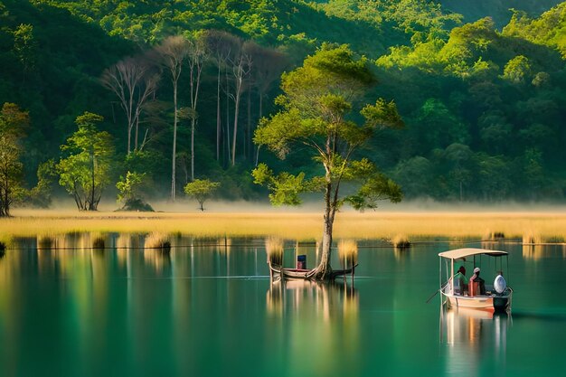 Photo a boat on a lake with a tree in the foreground